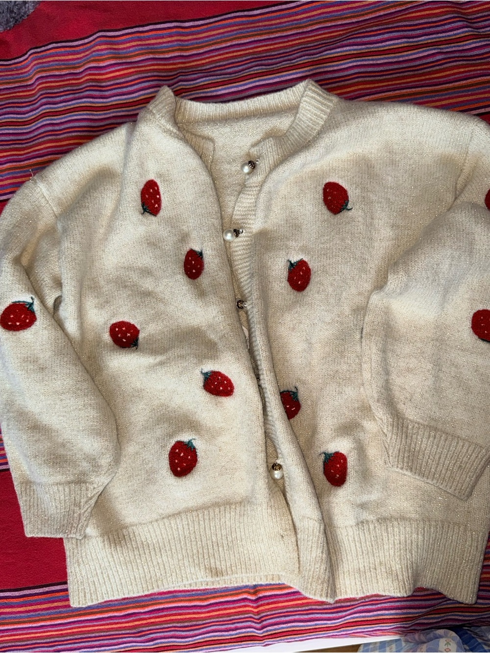 Cream Kids Cardigan with Red Strawberry Embroidery